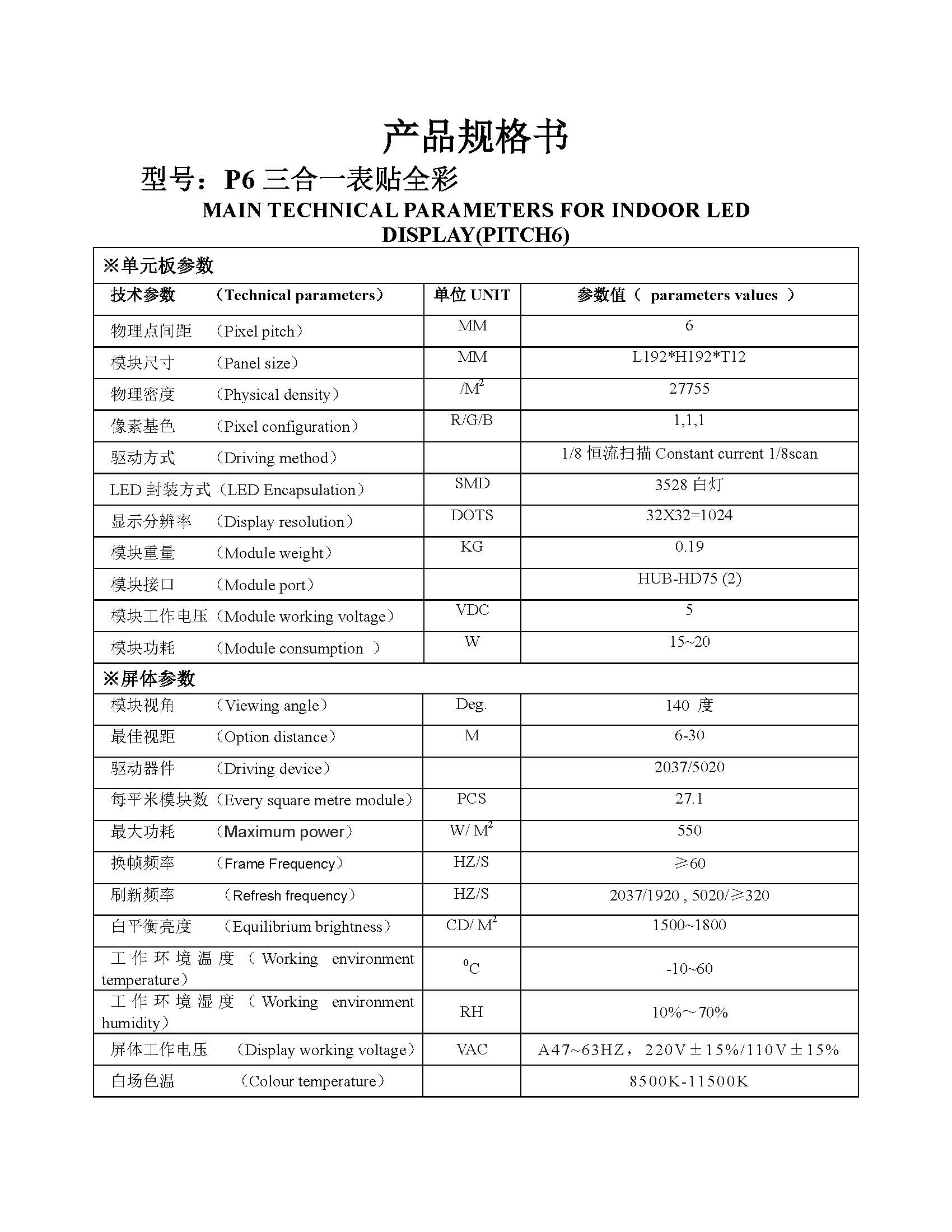 p6室內(nèi)全彩192x192模組夫規(guī)格書