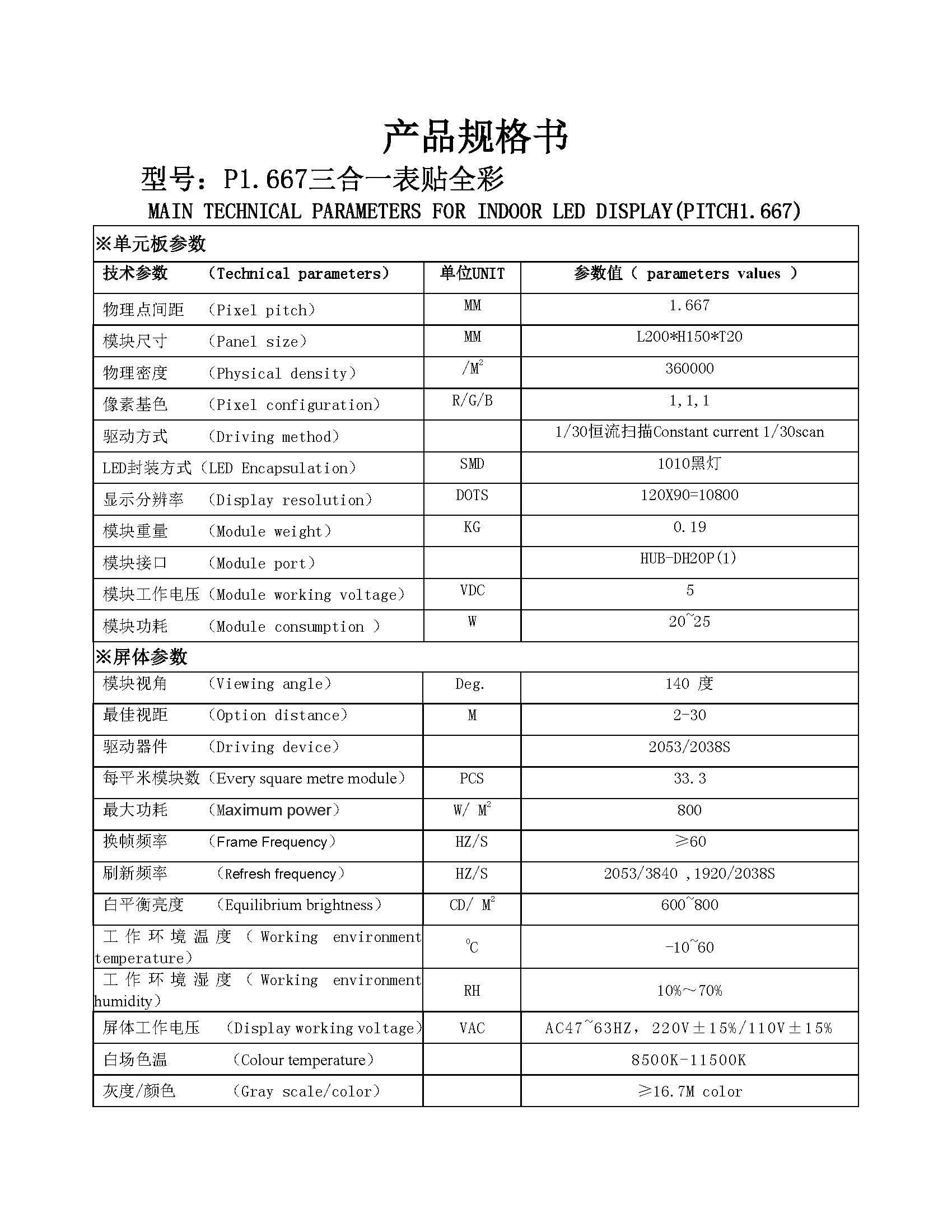 p1.667小間距200x150模組規(guī)格書